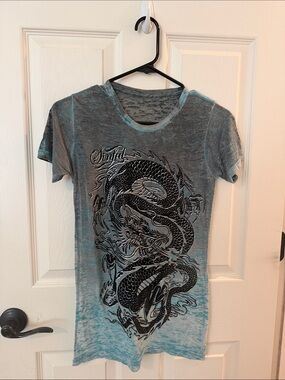 Y2K vintage Sinful Heathered Teal Graphic Tee with Black Print